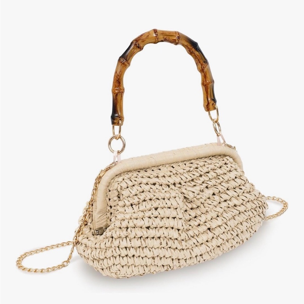 Straw Clutch Purse Straw Woven Handbag with Bamboo Handle Dumpling Bag Crossbody
